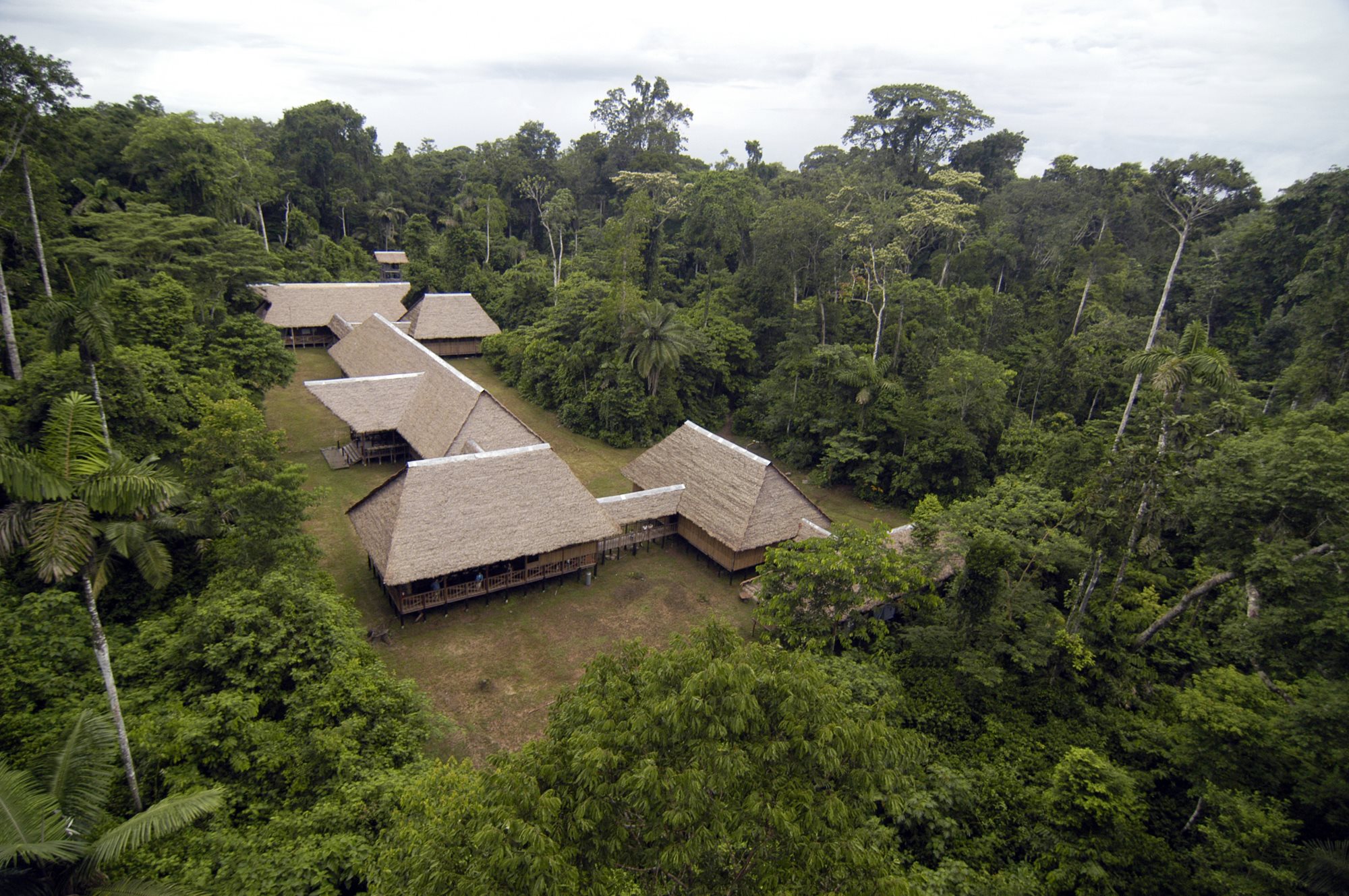 An aerial view of a house in the middle of a forest