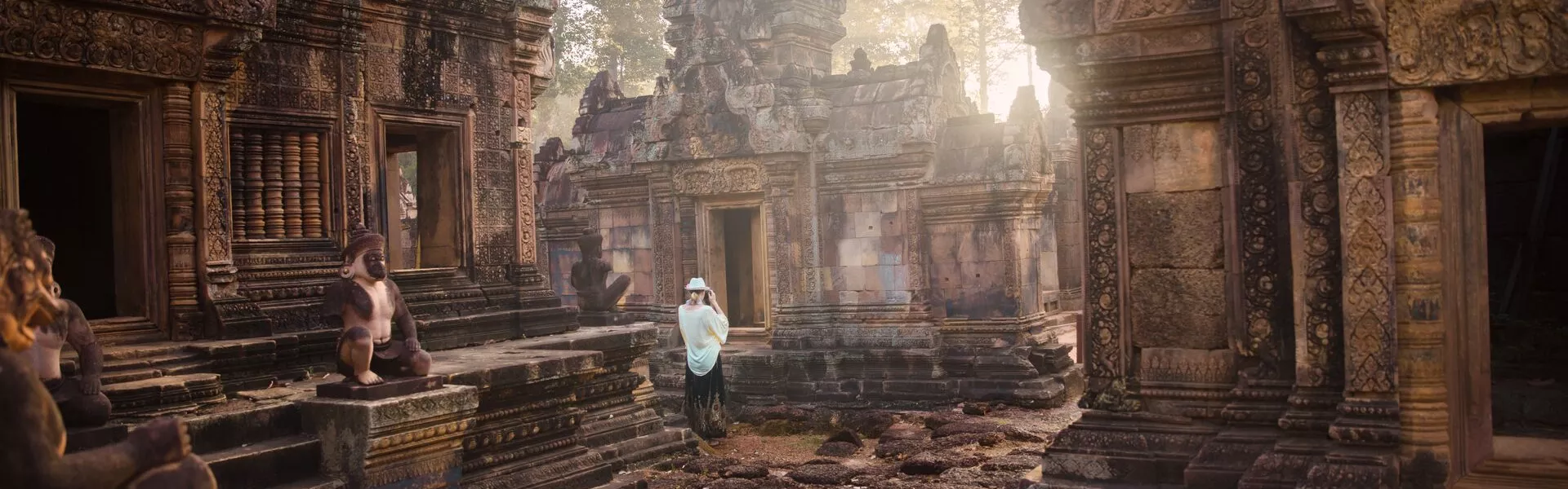 Cambodia Angkor Wat Complex Person Wearing White In The Centre
