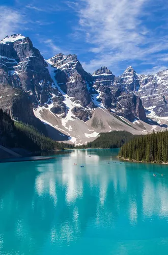 Blue lake with mountains and forest