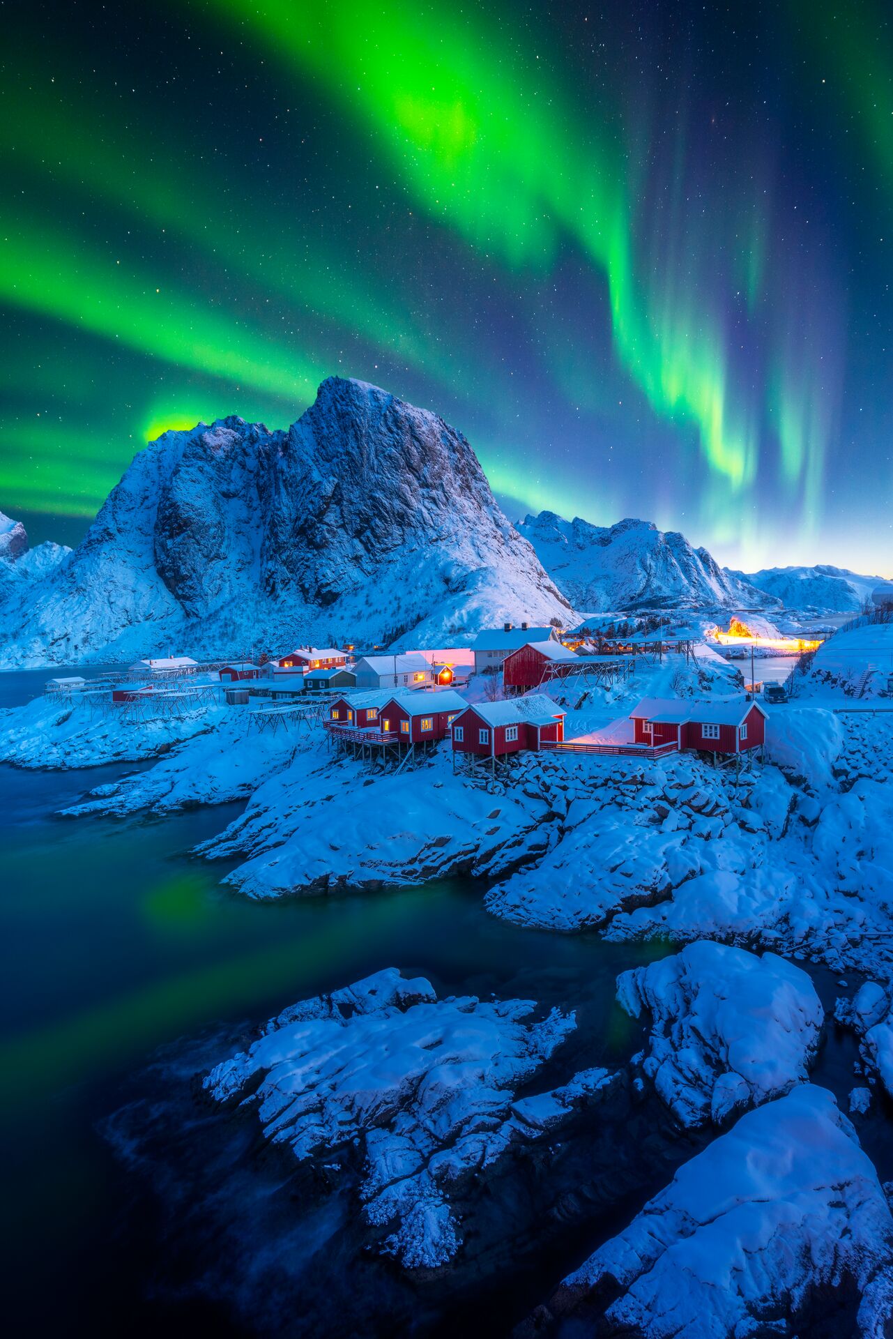Lofoten Islands Northern Lights With Festhelltinden Peak And Hamnoy