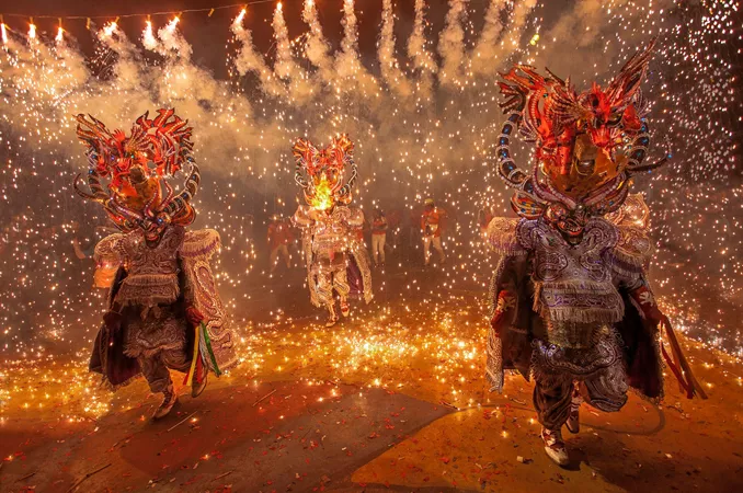 People In Costumes Walking Through Firecrackers at a carnival