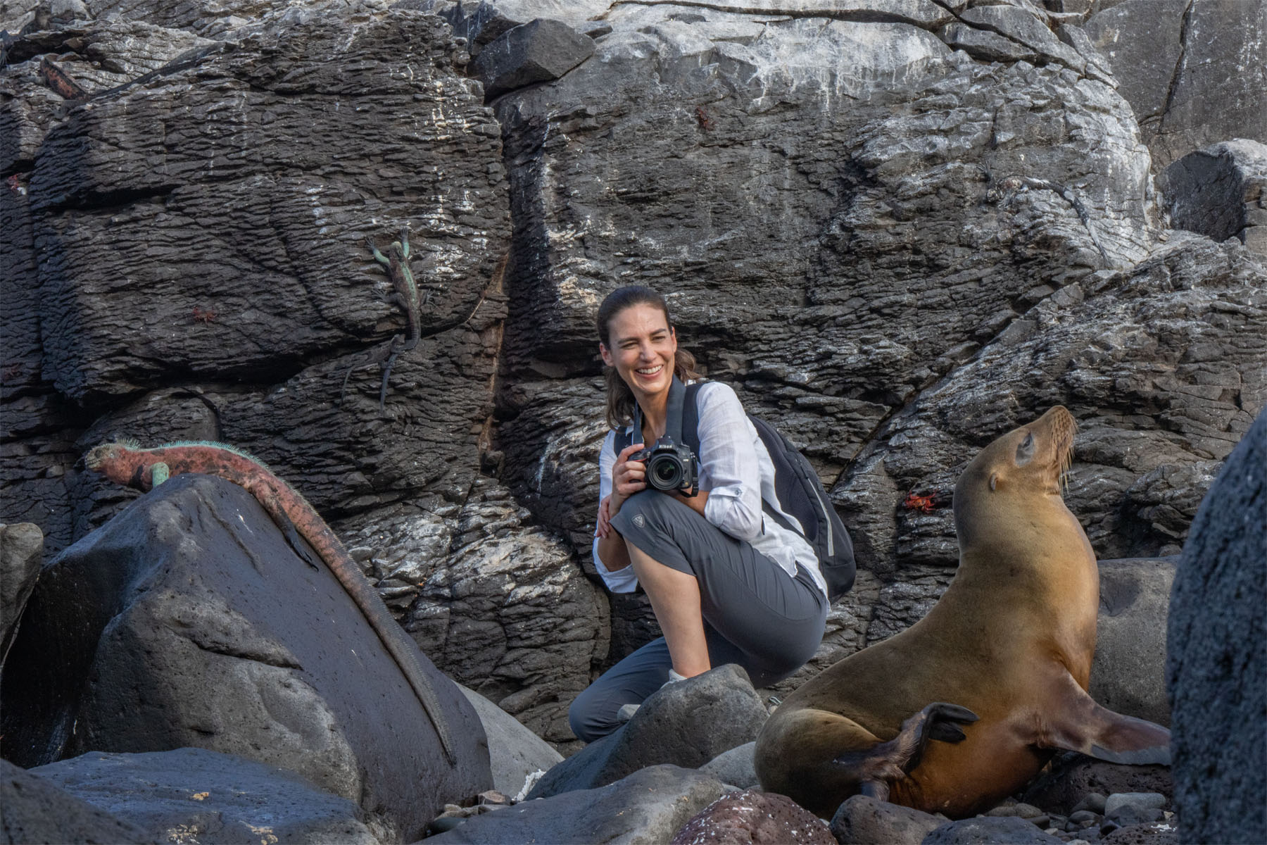 Woman With Sea Lion and Marine Iguana