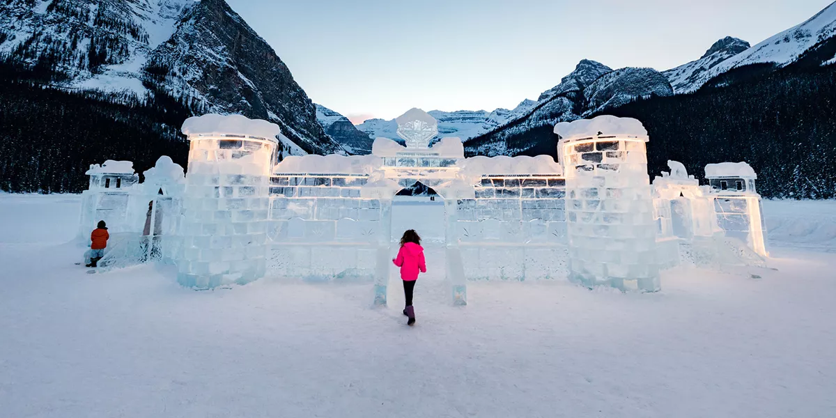 Ice castle sculpture on a frozen lake