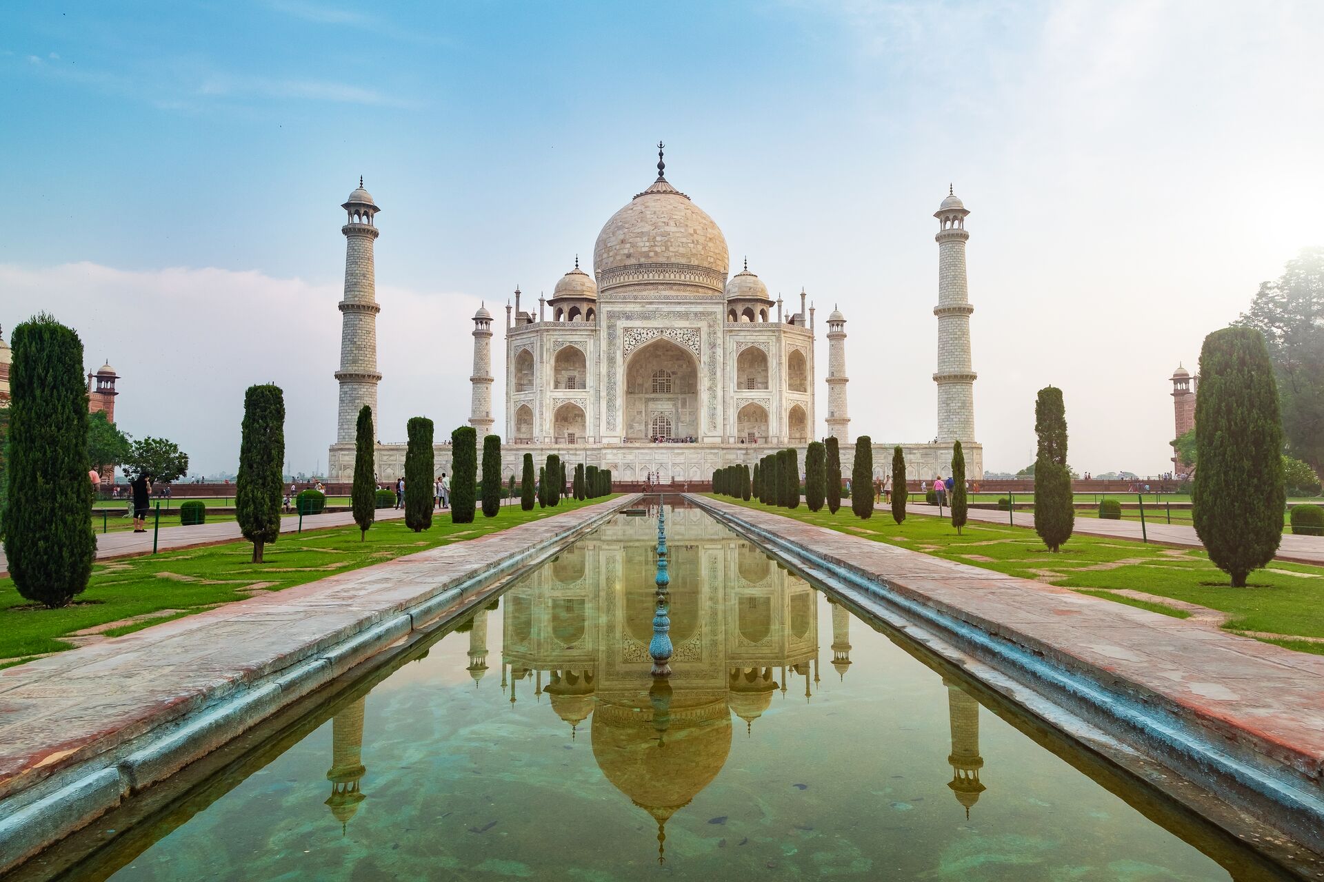 India Agra Taj Mahal Front View Reflected On The Reflection Pool