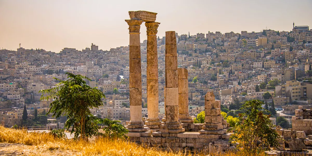 Jordan The Ruin Columns And The Amman City Capital Of Jordan View From The Hill Of The Citadel, Or Jabal Al Qal'a