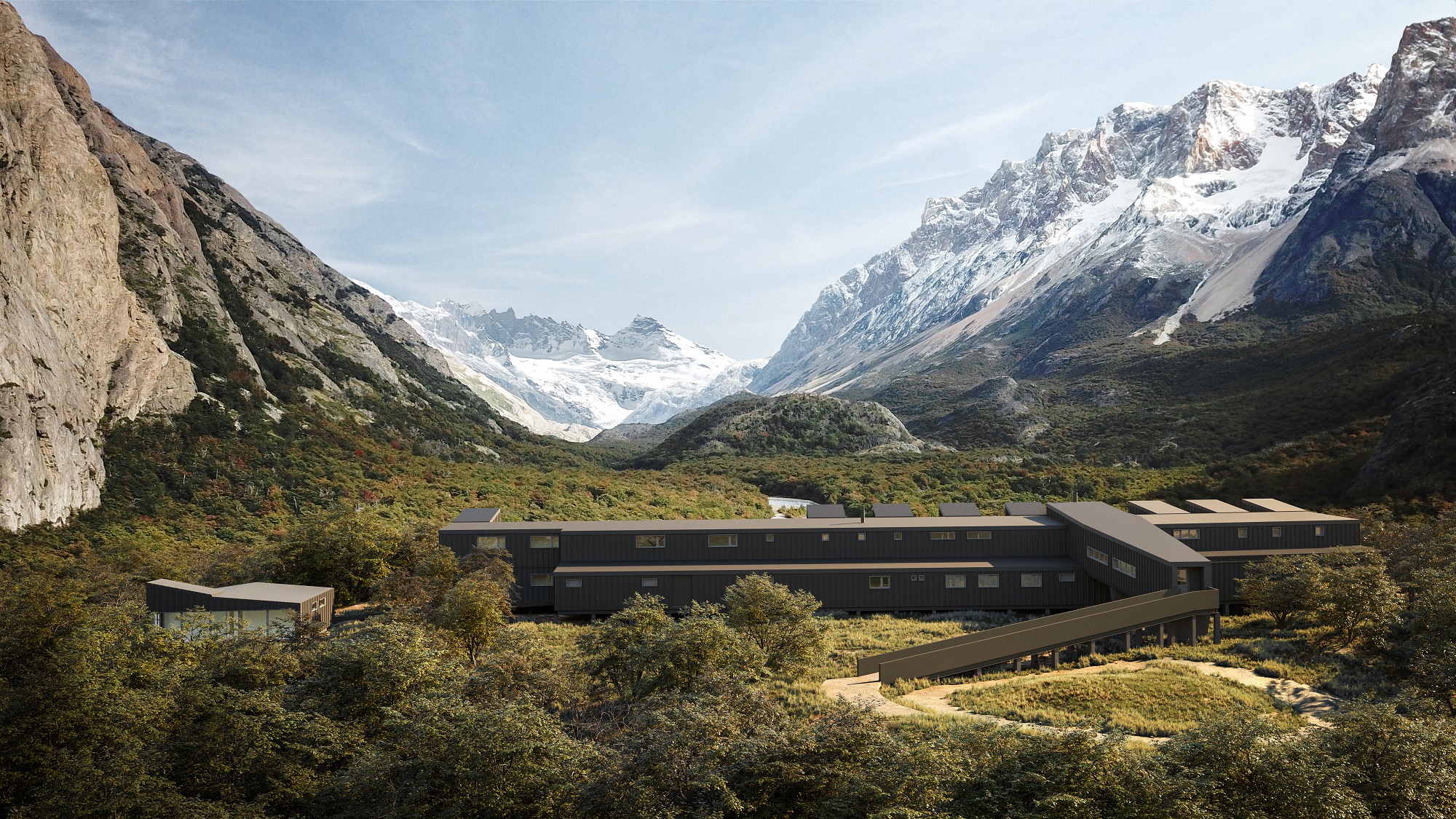 A building in the middle of a mountain range