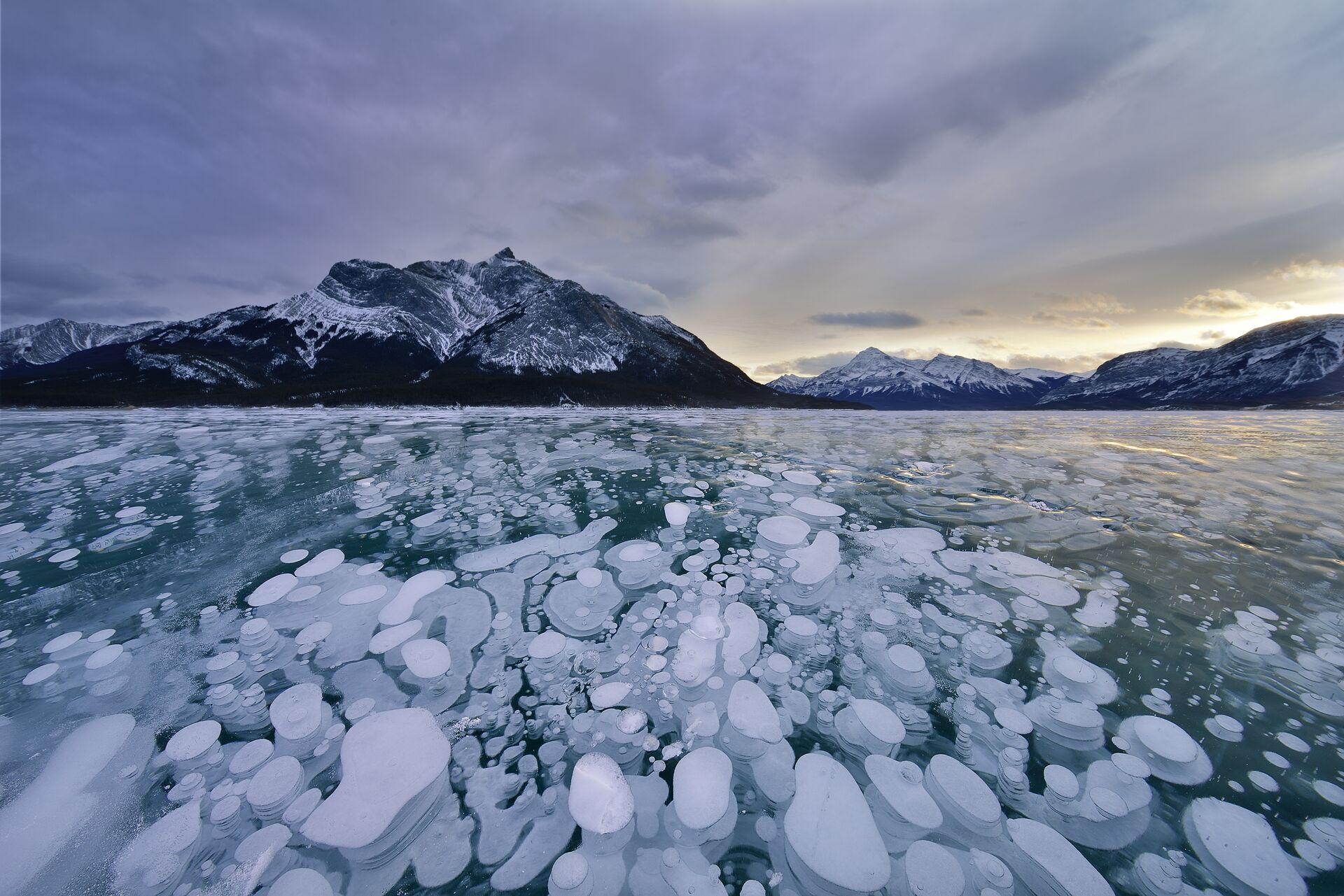 Abraham Lake In Winter showing bubbles of ice under the surface
