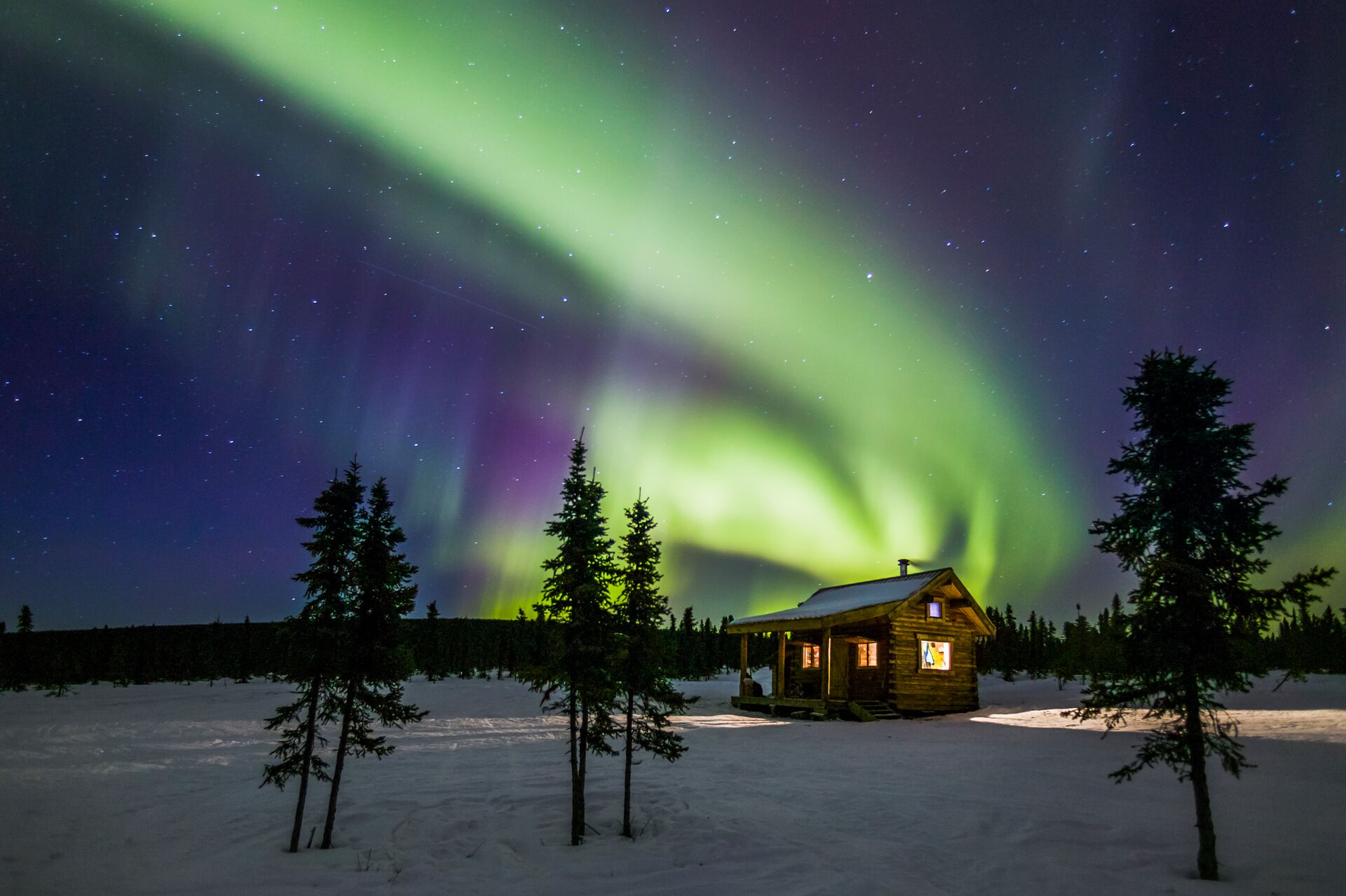 USA Alaska Northern Lights Over Alaska Wilderness Cabin