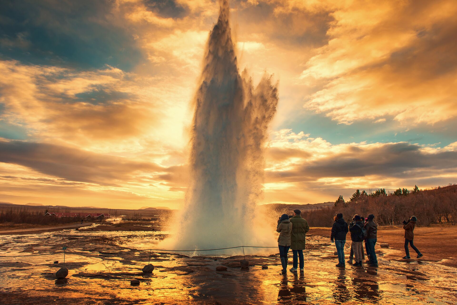 people surrounding and looking at a natural geyser