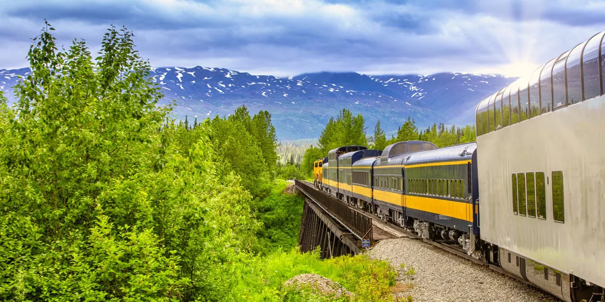 Train Going On A Railroad Track To Denali National Park Alaska