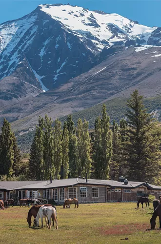 Lodge with horses in front in the mountains