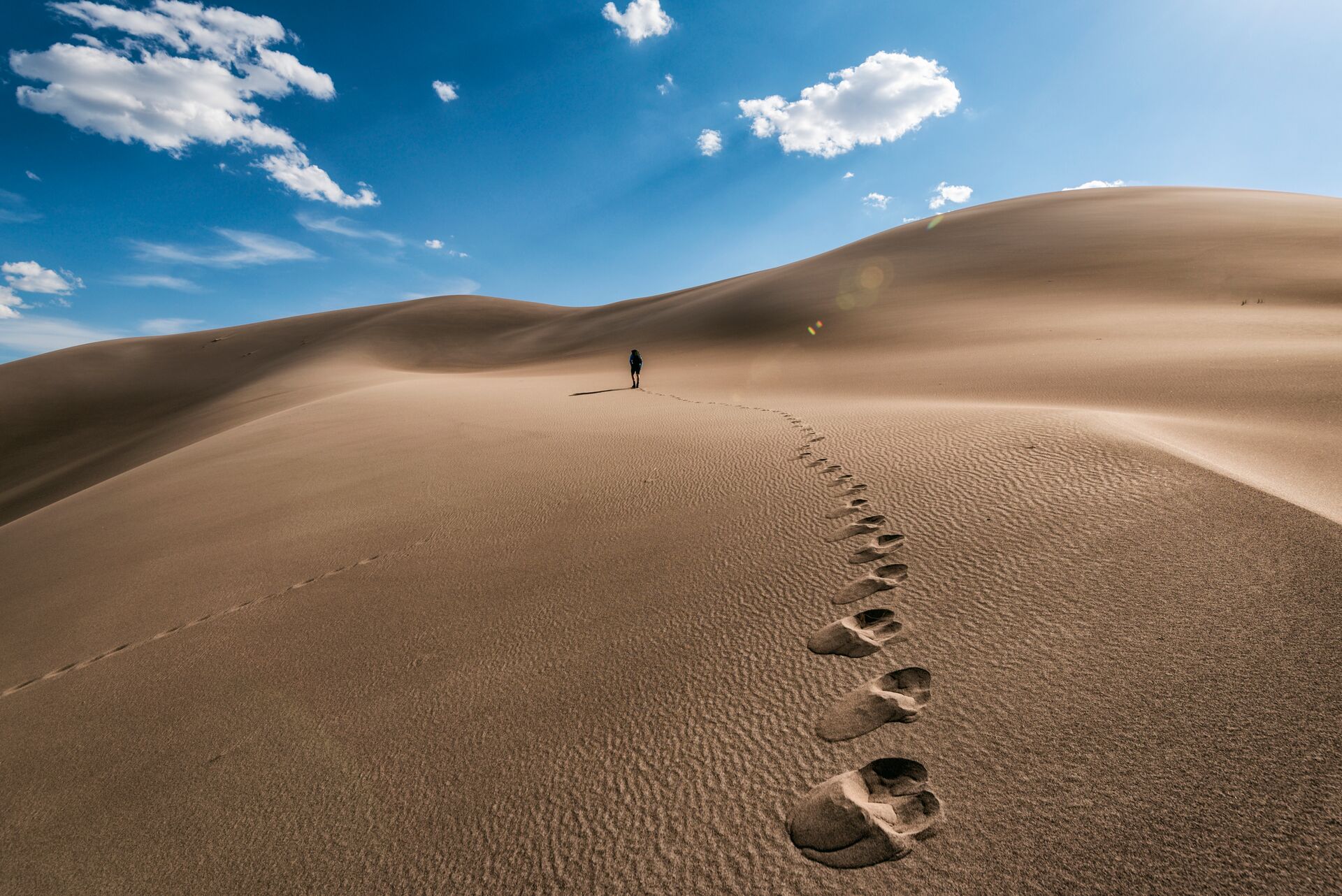 person walking along sand and leaving footprints