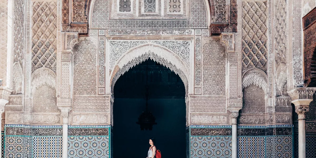 Morocco Marrakech Woman Tourist Visiting Old Temple