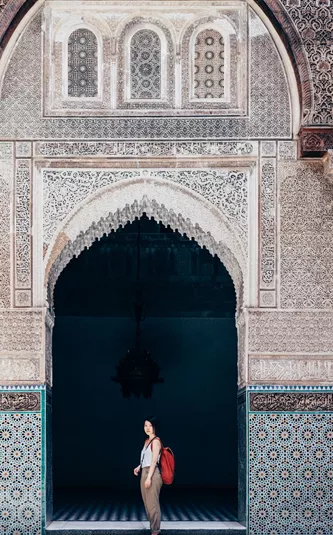 Morocco Marrakech Woman Tourist Visiting Old Temple